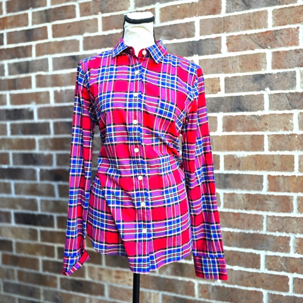 J.Crew Women’s Medium Red Blue Plaid Button Down Shirt Cotton Casual Classic